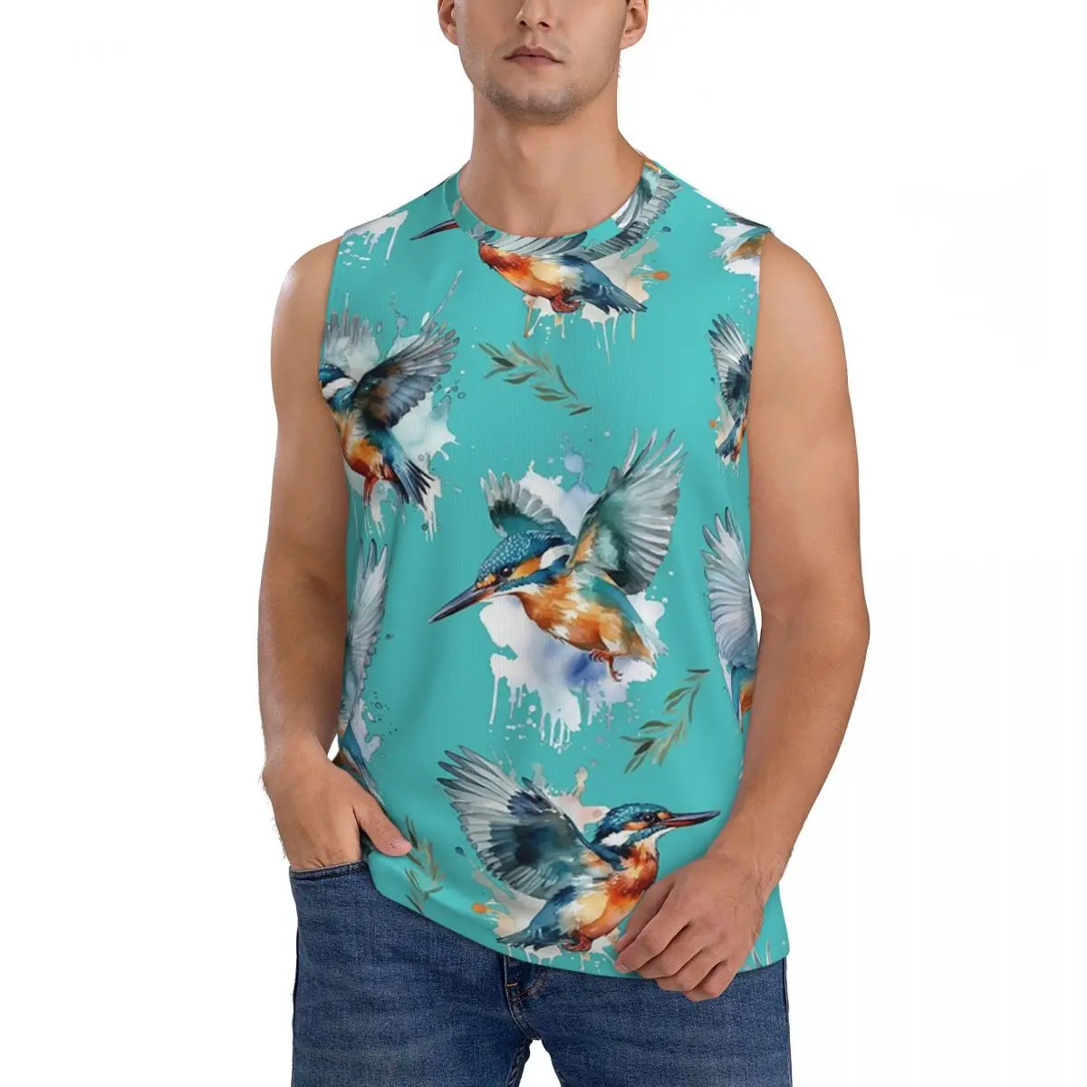 Kingfisher Pattern Men Sleeveless Tank Tops Quick Dry Breathable Gym Fitness Running Summer Casual Sport Vest