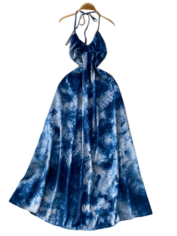 Vestido de Playa con Estilo Vacacional, Sexy, sin Espalda, con Cuello en V, Estampado Tie-Dye, E, para Mujer, Verano