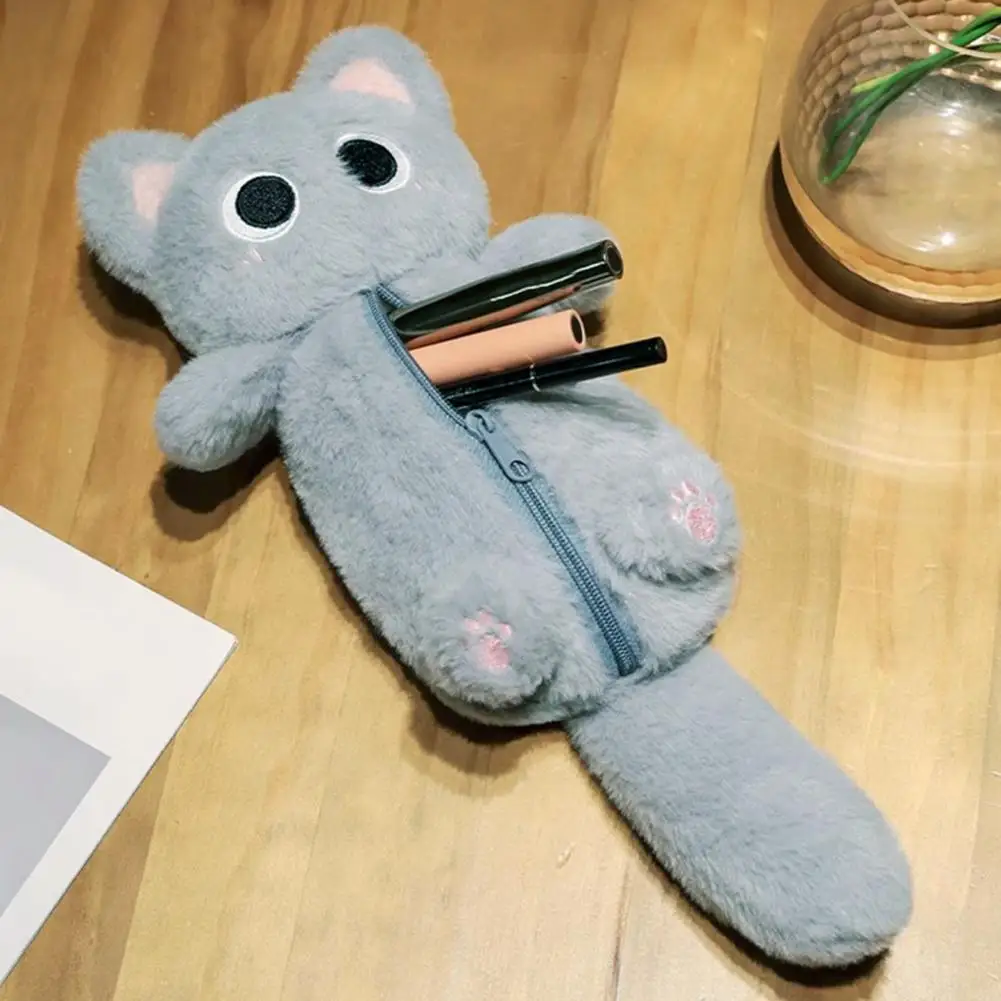 Gray Kitten Pencil Case Kitten Plush with Zipper Closure Capacity Cartoon Cat Shape Pen for Kids