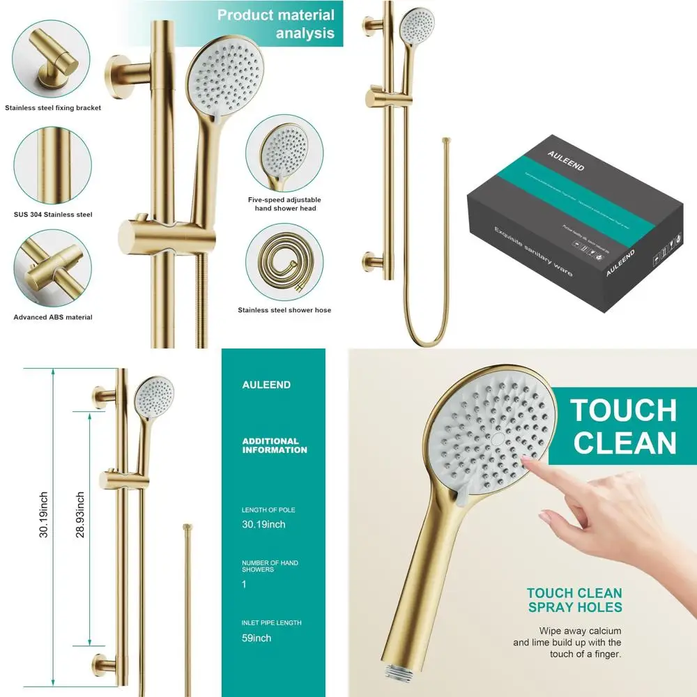 Adjustable Height 5-Function Handheld Shower with Hose and Wall Mount, Brushed Gold Finish