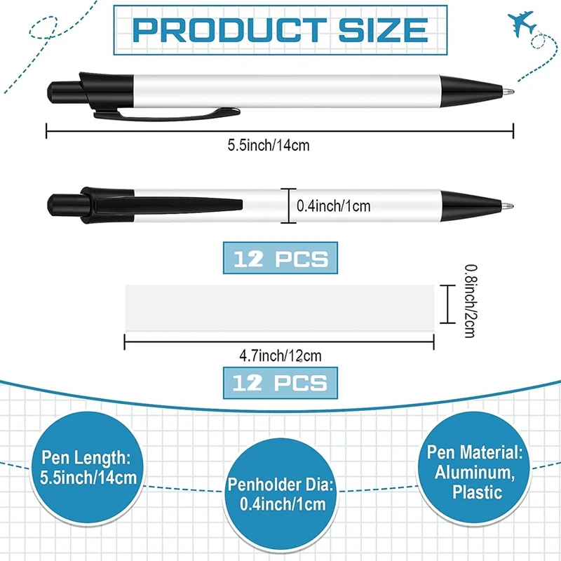 Juego de bolígrafos de sublimación en blanco con envoltura retráctil para oficina, suministros de papelería escolar, fácil de instalar, 12 juegos