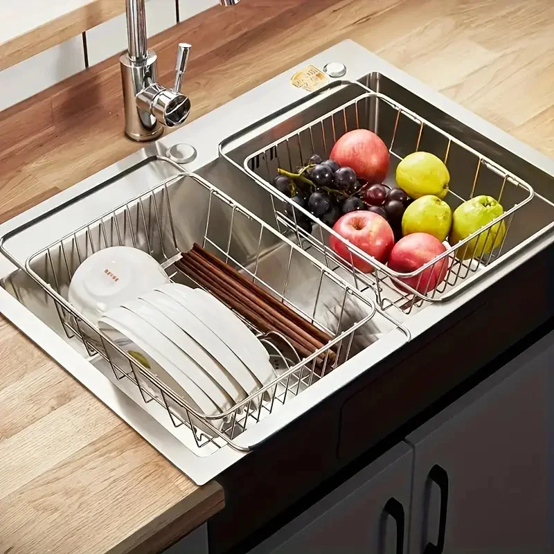 1pc Retractable Sink Drain Rack Sink Dish Drain Rack Expandable  Adjustable Vegetable Fruit Washing Basket Kitchen Accessories