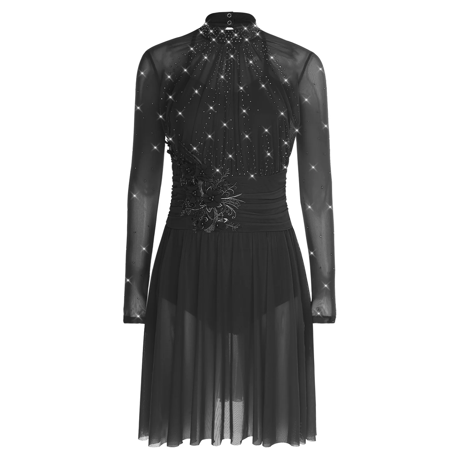 

Womens Lyrical Modern Dance Dress Embroidery Applique Rhinestones Long Sleeve Gymnastics Leotard Dress for Figure Skating Show