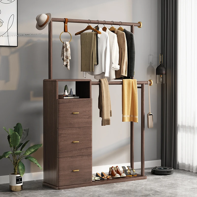 Light Luxury Solid Wood Coat Rack Household Floor Hallway Bedroom Multifunctional Hanger Sub Storage Cabinet Integrated