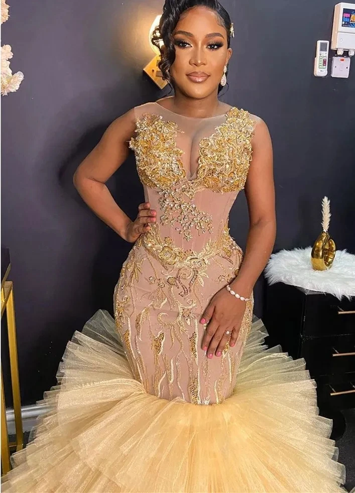 Yellow African American Prom Dresses Mermaid Sheer Tulle Appliques Black Girls Nigeria Robe De Soiree Aso Ebi Evening Gown