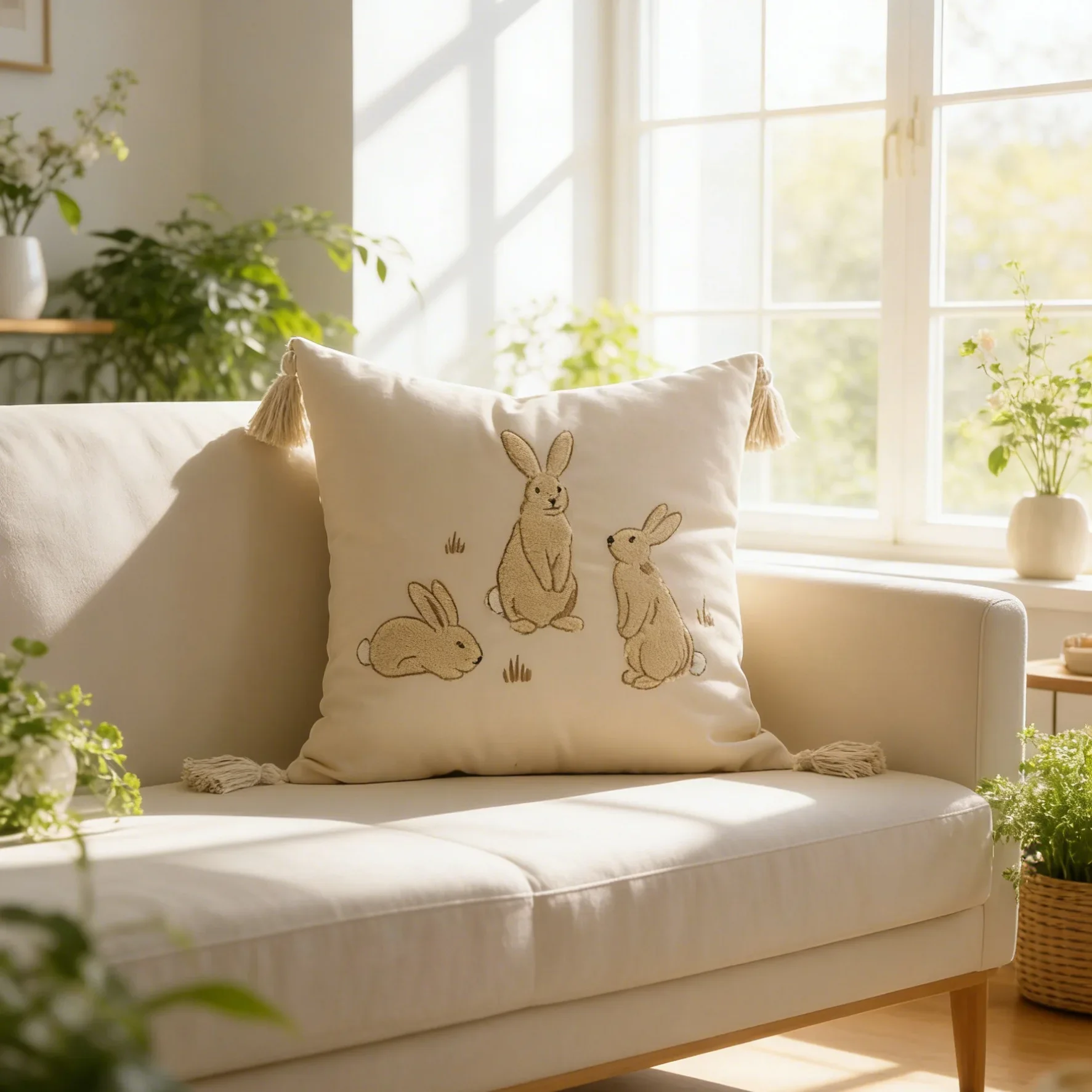 New Easter Bunny Towel Embroidered Pillow Cover Cojines Spring Garden Outdoor Cotton and Linen Embroidered Throw Cushion Cover