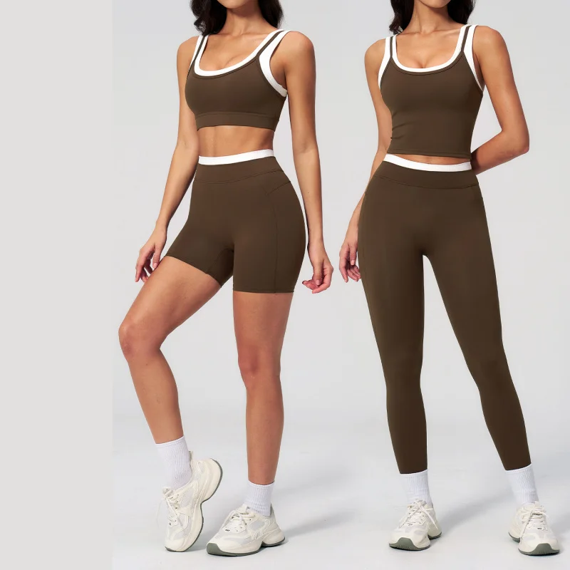 Women's Gym Clothing Color-Block Nude Feel Yoga Suit Ribbed High-Waist Outdoor Casual Versatile Fitness Sports Sets 2 Pieces Set