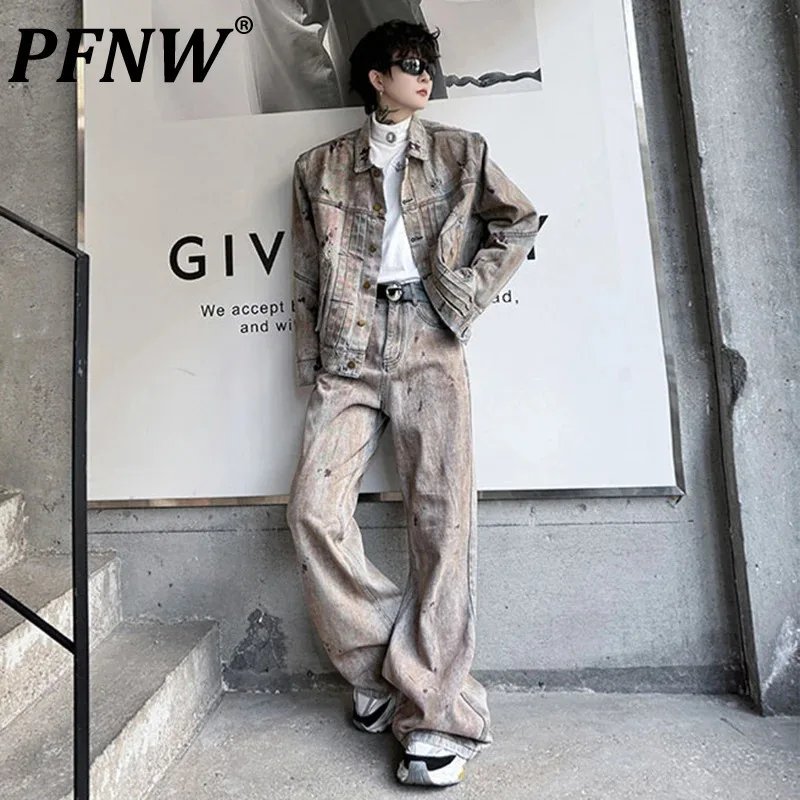 PFNW Male Suit 2025 Spring Pleated Knot Spray Painted Worn-out Denim Jacket High Street Wide Leg Jeans Men's Set Trendy 28W4800