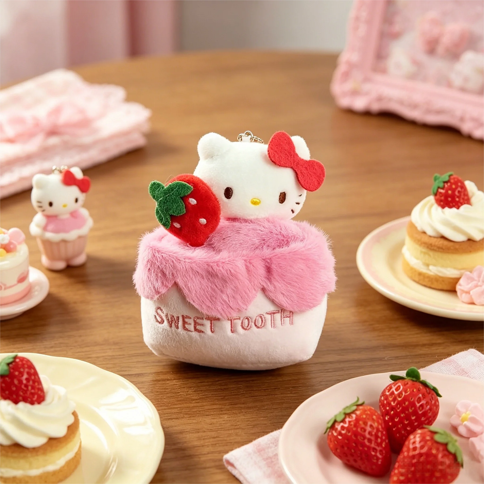 New Hello Kitty Cake Shaped Plush Keychain, Strawberry Cherry Cartoon Doll, Soft Mini Bag Hanging Ornament Cute Backpack Pendant