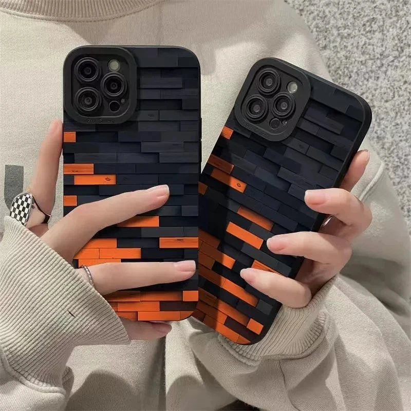 Orange Black Patchwork Phone Case For iPhone 11 12 13 14 15 ProMax 15 14plus X XR XS Max 7 8Plus 12 13Mini Shockproof Soft Cover