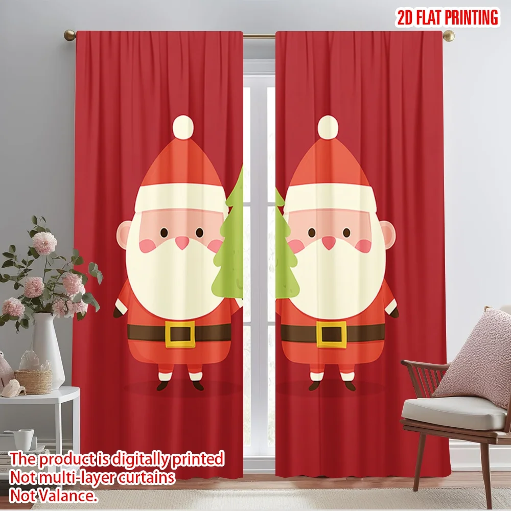 2pcs,2D plane printing Curtains Digital Printed Santa Claus_ Christmas Tree Versatile Durable Polyester (without rod)