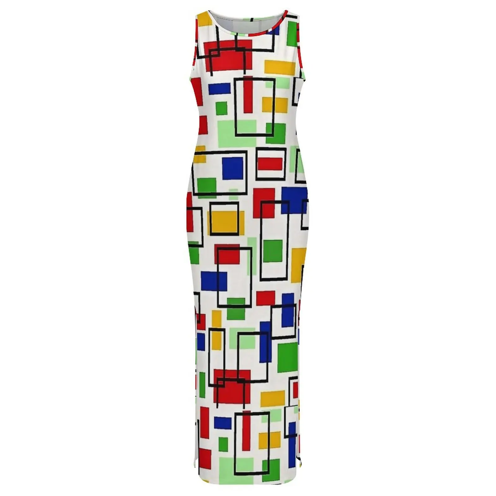 Kolorowa sukienka bodycon z nadrukiem Mondriana, wiosenna sukienka maxi w stylu vintage, damska sukienka bez rękawów z grafiką streetwear, duży rozmiar 3XL 4XL