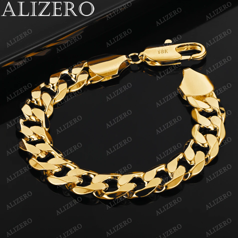 ALIZERO 925 Sterling Silver Plated 18K Gold 12MM Cuban Chain Bracelet For Men Women Fashion Noble Accessories Charm Jewelry