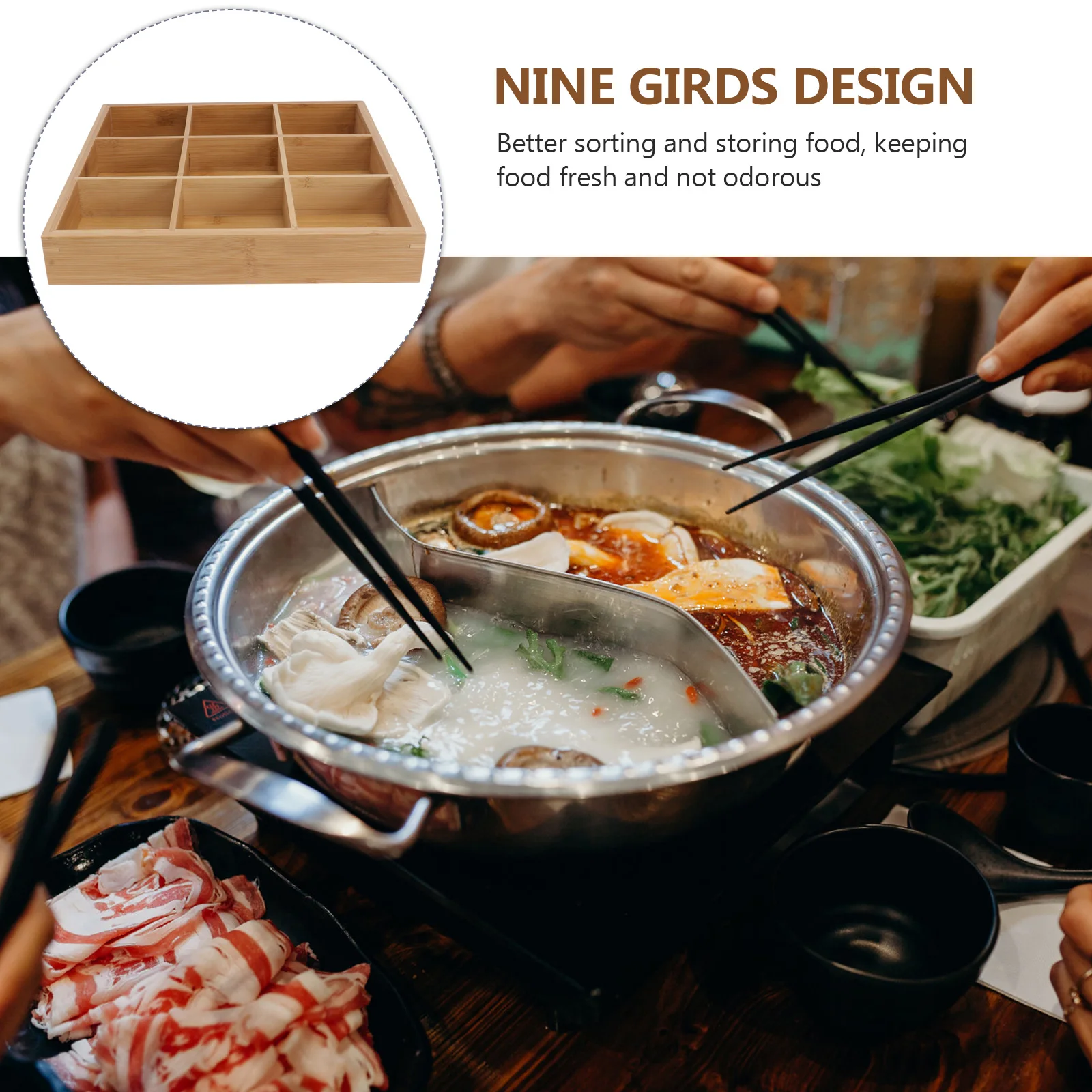 

1pc Nine-grid Vegetable Tray Bamboo Material Food Serving Divided Plate Storage Vegetables Fruits Easy to Clean Healthy