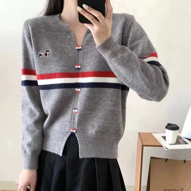 Female Embroidery Vintage Preppy Style Sweaters Autumn Fashion V-neck Striped Fashion Loose Knitwear Daily Causal Commute Tops