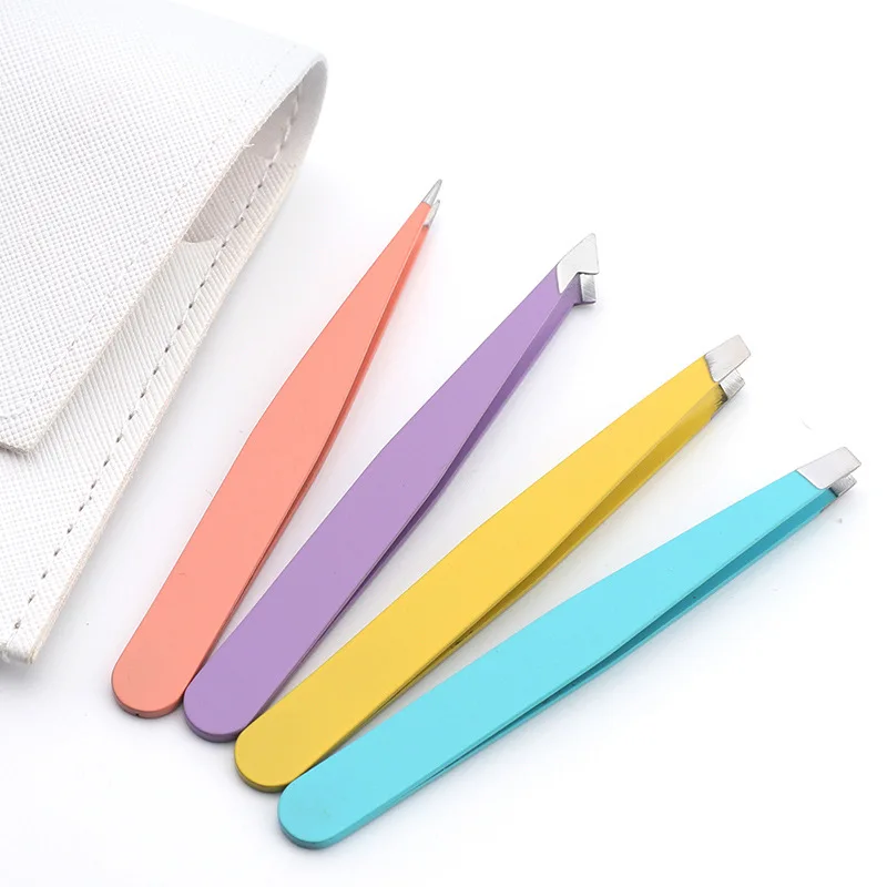 4Pcs High-Quality Eyebrow Tweezer Colorful Hair Beauty Fine Hairs Puller Stainless Steel Slanted Brow Clips Removal Makeup Tools