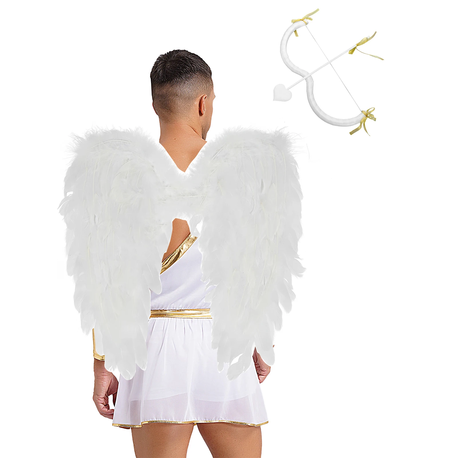 Mens Valentine Cupid Costume God of Love Cosplay Outfits One Shoulder Toga Romeprs with Feather Wings Bow Arrow and Cuff Sets