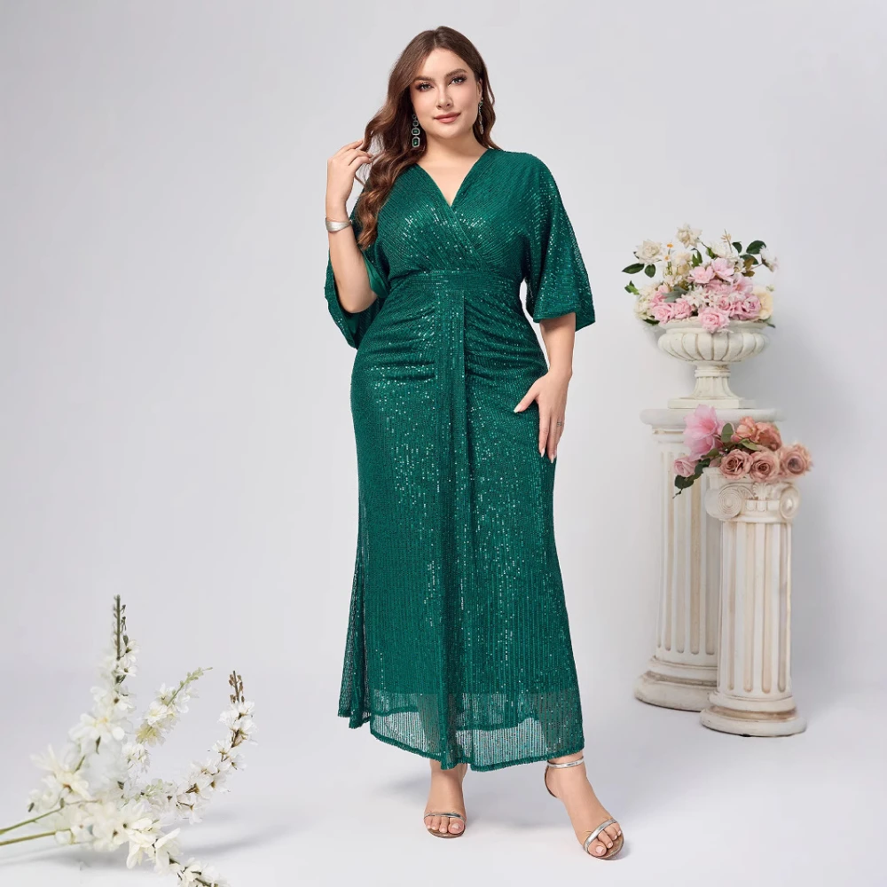 

New solid color V-neck high waisted sequined dress in plus size, party and dinner long dress for women