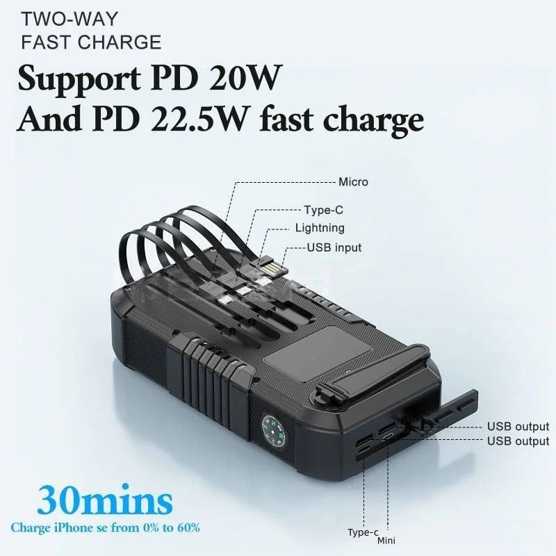 63800mAh Hand‑crank Charging Solar Power Bank for IPhone Tablet Outdoor Emergency PowerBank PD3.0 22.5W