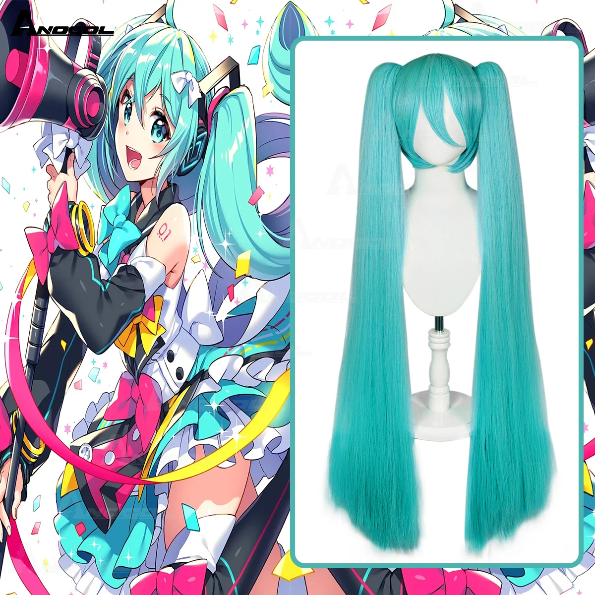 AN Synthetic 47Inch MIKU Cosplay Colored Wig Snow Miku Long Light Blue Gradient White Orange Green Clip on Double Ponytails Wigs