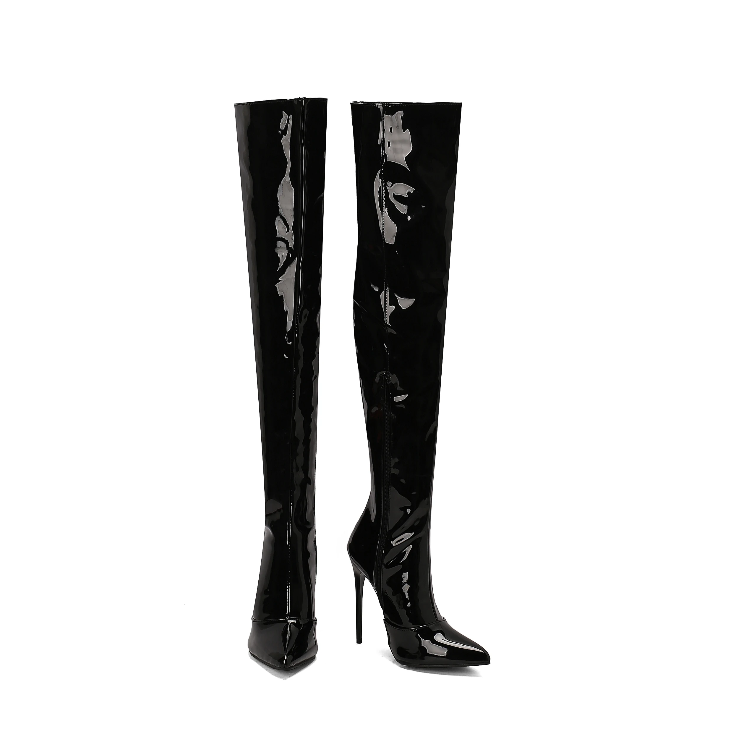 Damen Lackleder Overknee-Stiefel, Spitze Zehenpartie, Stilettoabsatz, seitlicher Reißverschluss, sexy oberschenkelhohe Party-Stiefel, schwarze lange Stiefel