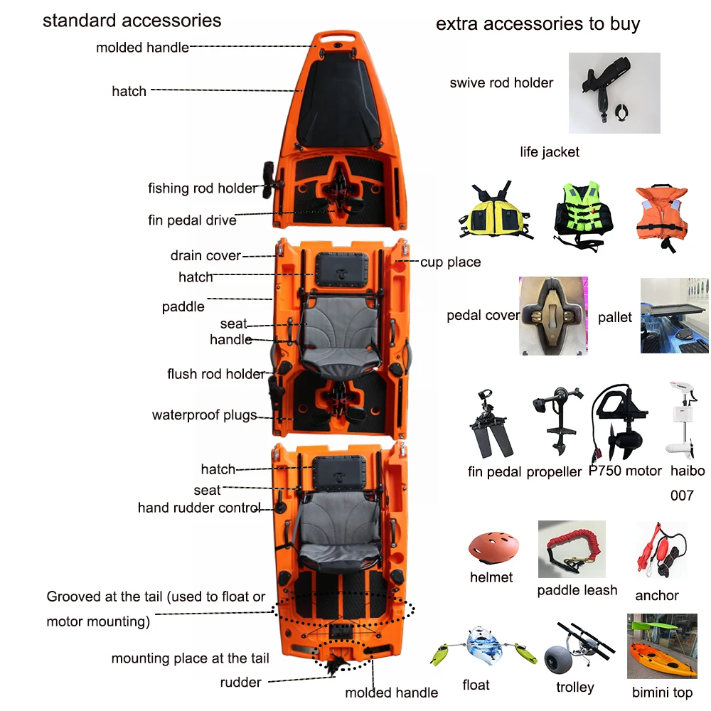 Factory Direct 14 FT HDPE 3 Section Tandem Modular Pedal Drive Electric Motor Kayak Wholesale Fishing