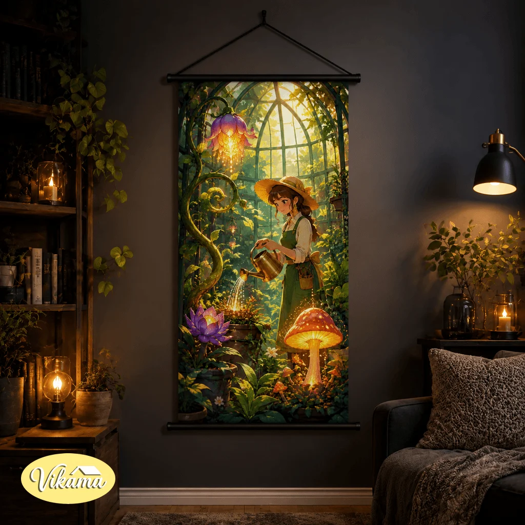 VIKAMA Wizard Anime Girl Tapestry Wall Hanging Magic Spell Book Starry Library Wall Art for Bedroom Home Decor Dorm Room