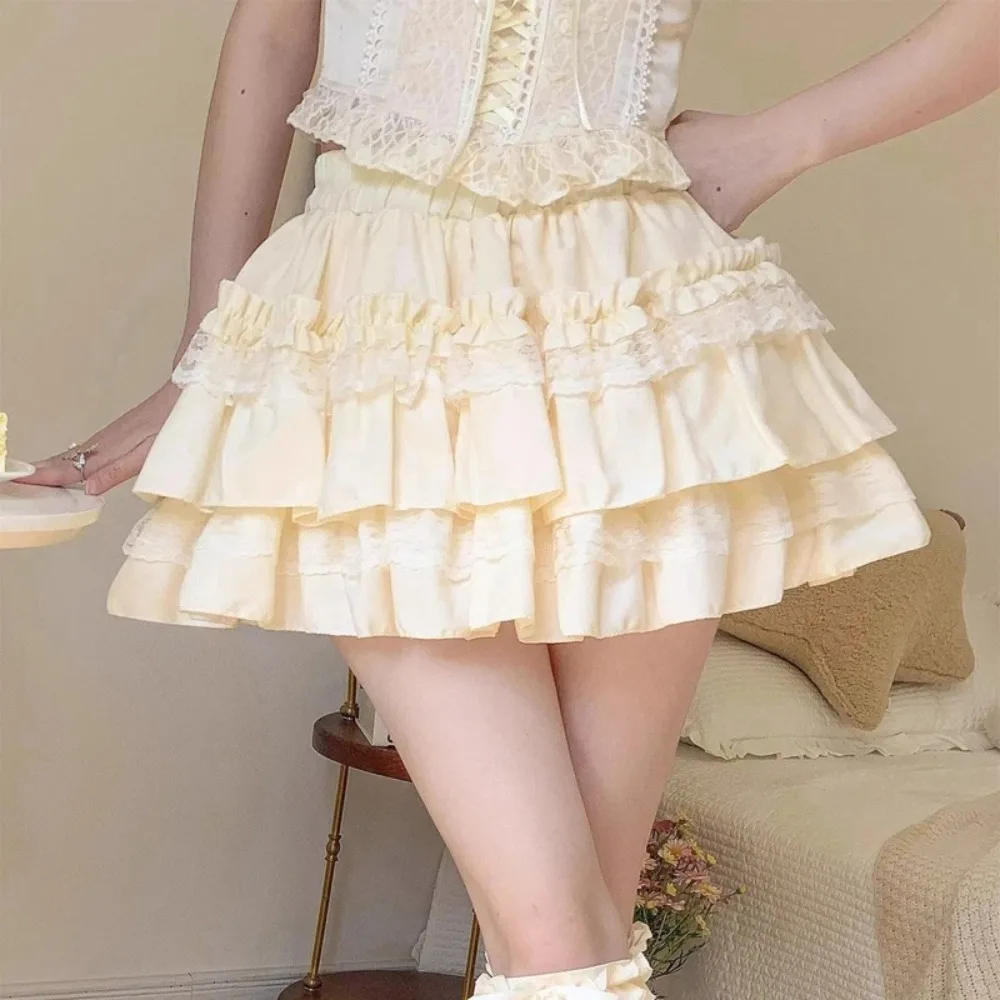 

Casual White Ball Gown Women Shorts Mini Skirts High Waist Korean Style Y2k Clothes Lace Patchwork Black Kawaii Pleated Skirt