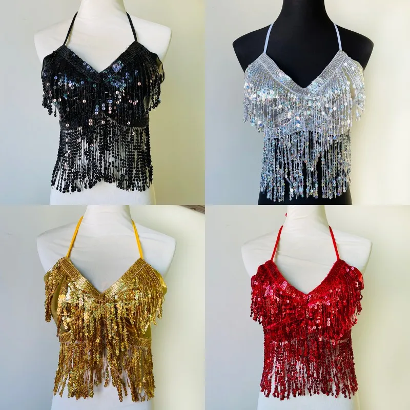 Belly Latin Dance Tassel Crop Top Sequin Halter Tank Top Backless Vest Shinny Skirt Sequins Tassel Chain Belts Sexy Hot Hula Set