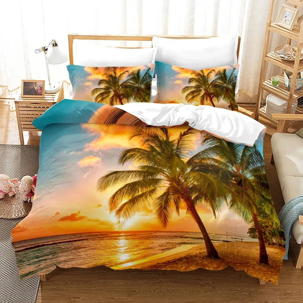 

Tropical Landscape Polyester Duvet Cover Sets King Full With Pillowcase Coconut Trees Sea Sunset Natural View Large Sun Pattern