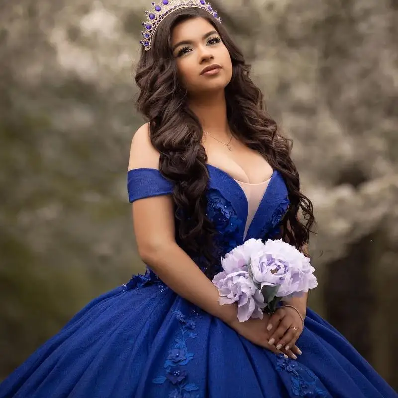 Vestido Quinceanera azul royal frisado para meninas, doce menina, flores artesanais, festa de formatura, vestido de formatura, 15 anos