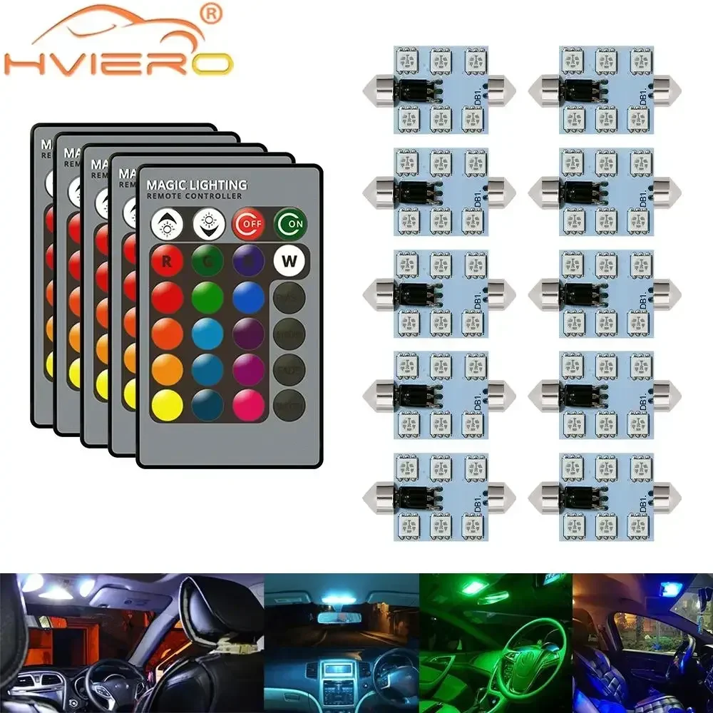 10PCS RGB Car Led Lights C5W 5050 12V 31mm 36mm Festoon Dome Doors Color Lemote Controller Reading Lamps Roof Trunk Wedges Bulbs