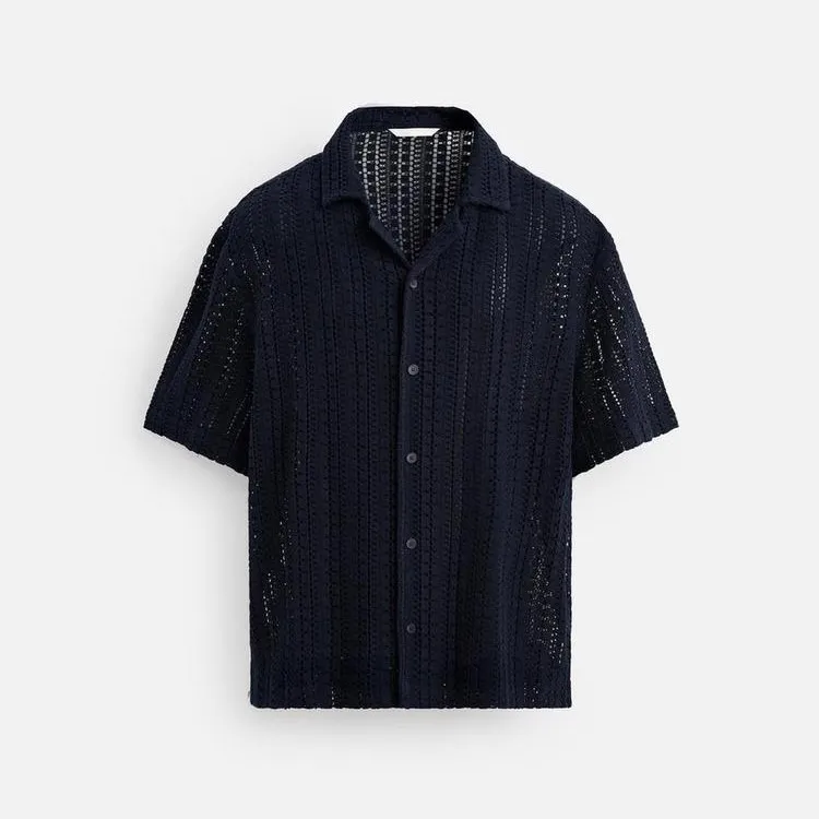 

Summer 2025 Men's New Hollow out Knit Bowling irt Textured ort Sve Holiday Sle Casual Loose Fit Regular Length