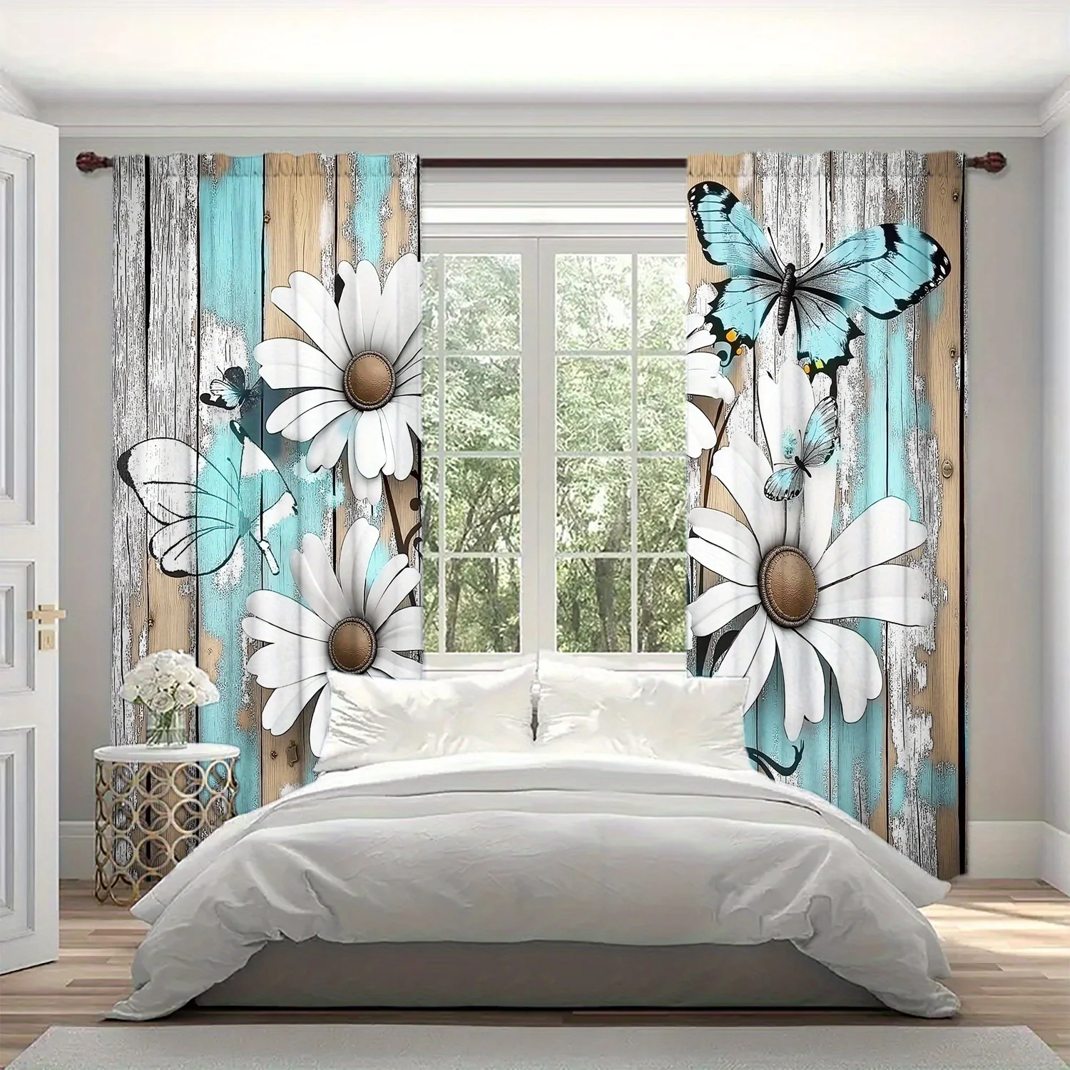 Country Daisy Butterfly Blackout Rod Pocket Curtain Faded Wood Plank Floral Decor Farm Homestay Leisure Rest Bay Window