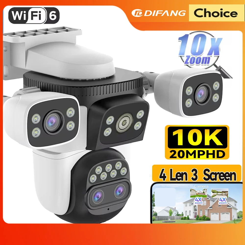 

20MP 10K WiFi6 IP Camera Four Lens Three Screen CCTV Surveillance Outdoor 10X Zoom Waterproof WiFi Security Camera