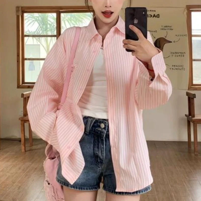 

New Striped Pink Women's Blouse Cotton Blend Spring Summer Casual Shirt Sweet Versatile Long Sleeve Sun Protection Top