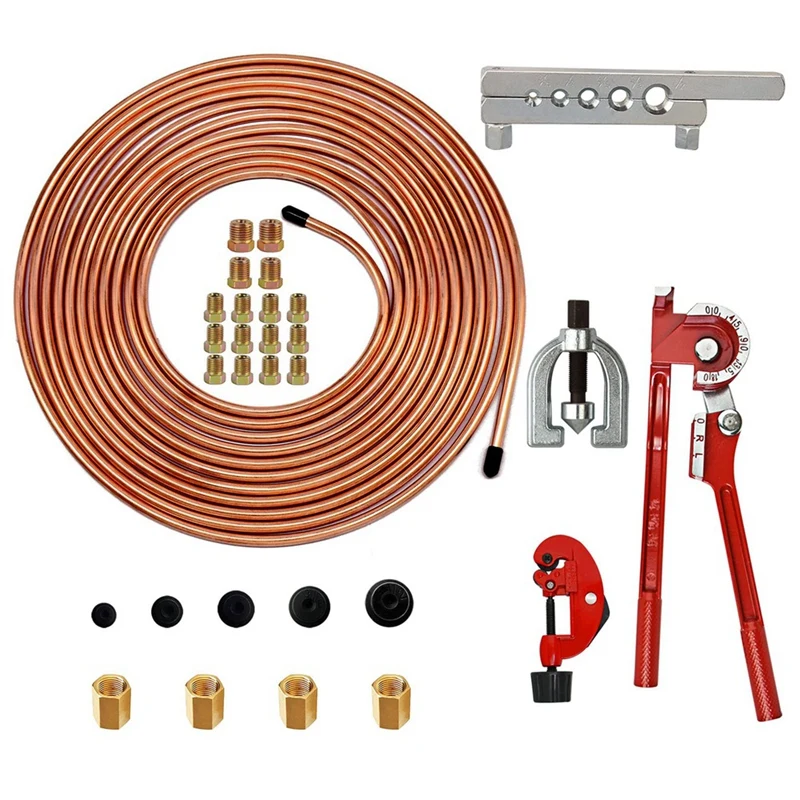 1/4 Brake Line - Brake Tubing Kit 25 Ft. With 16 Inverted Flare Fittings And 4 Unions+Double & Single Flaring Tool Kit Durable