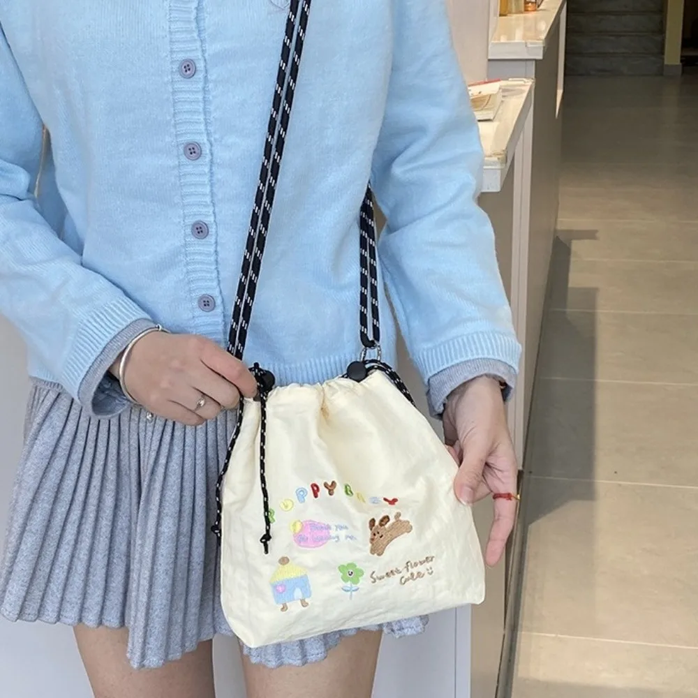 

Cartoon Nylon Shoulder Bag Embroidery Multicolor Drawstring Crossbody Bag Coin Pouch Korean Style Mobile Phone Pack Travel