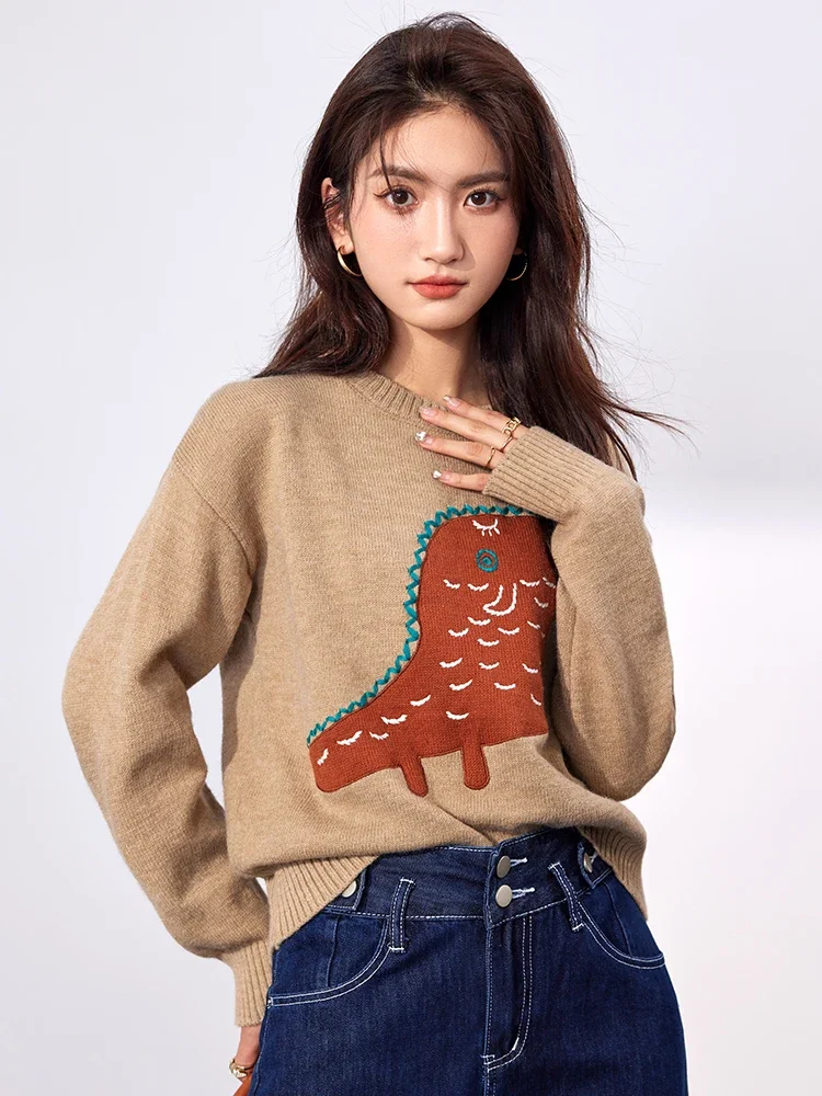 Dinosaur Cartoon Sweaters Women O-Neck Full Sleeve Loose  Pullovers Women 2022 Autumn Korean Fashion Cute Knitwear Female Tops