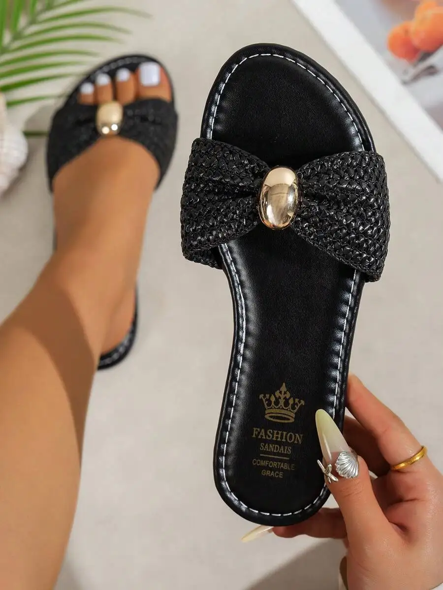 

Womens Woven Fabric Flat Sandals With Metal Decor Bow For Vacation Beach Party