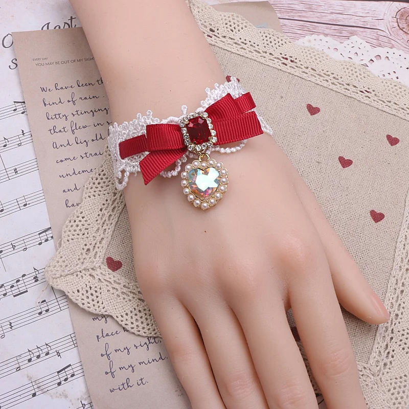 สร้อยข้อมือลูกไม้Lolitaสไตล์Bowknot Rhinestoneผู้หญิงจี้หัวใจหวานCool Y2KสาวHandmadeสร้อยข้อมือ