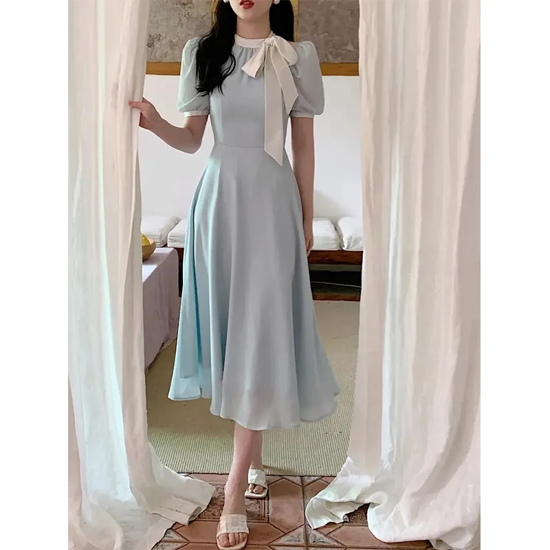 MEXZT Vintage Elegant Dress Women Fairy Bow Lace Up Puff Sleeves A Line Midi Dresses Summer Office Lady Korean Casual Vestidos