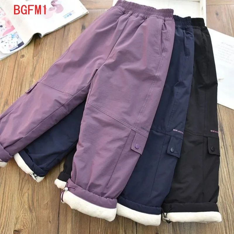 Children's Autumn Soft Shell Assault Pants, Girls' Windproof Warm Cotton Pants Boys' Plush Skiing Cargo Sports Pants for Winter