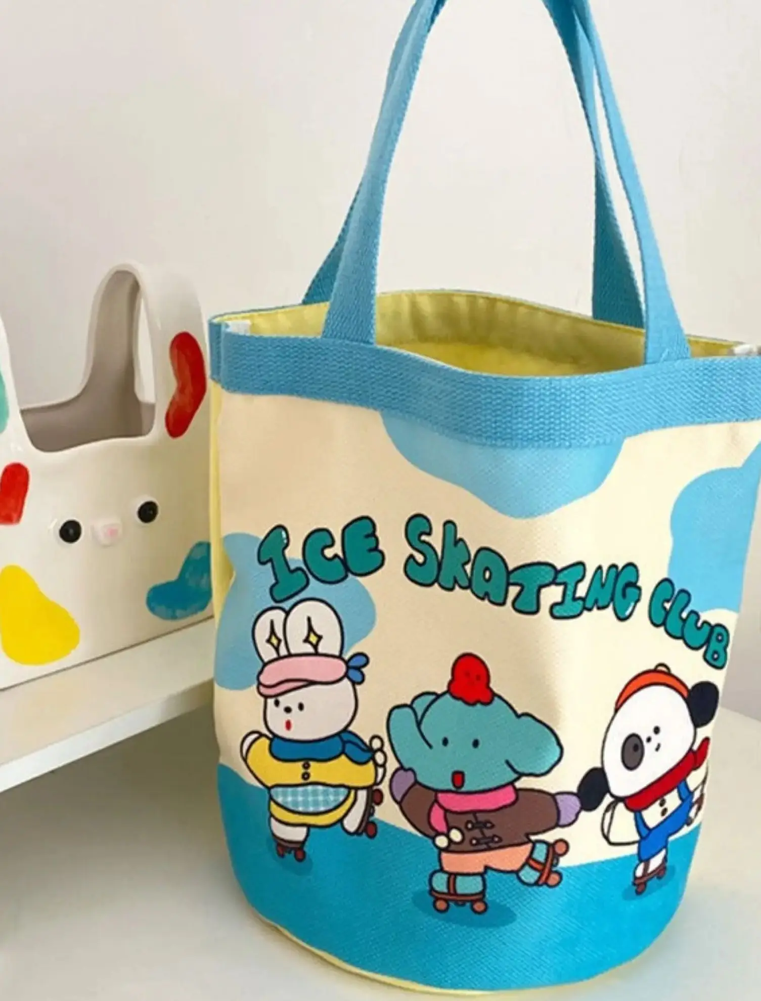 Canvas Bucket Bag Cute Graffiti Children's Fun Illustration Handheld Round Bucket Mommy Storage Bag