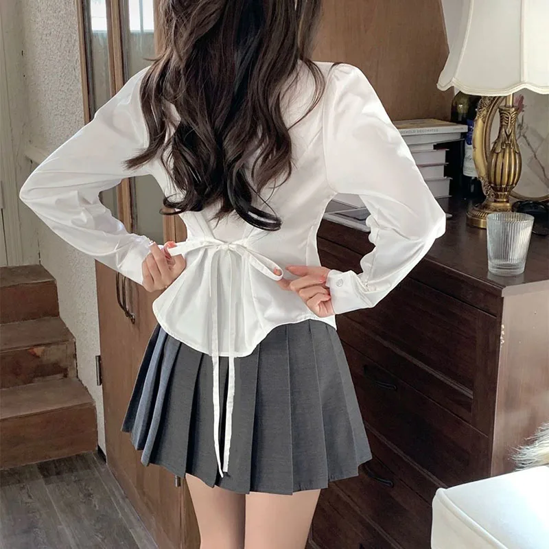 

Korean Women Back Lace-up Shirts Fashion All Match Slim Fit Turndown Collar Shirt Preppy Style School Uniform White Blouse Girl