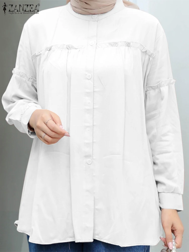 ZANZEA Women Vintage Long Sleeve Ruffles Blouse Fashion Casual Solid Tunic Tops Female Eid Mubarek Ramadan Muslim Shirt Chemise