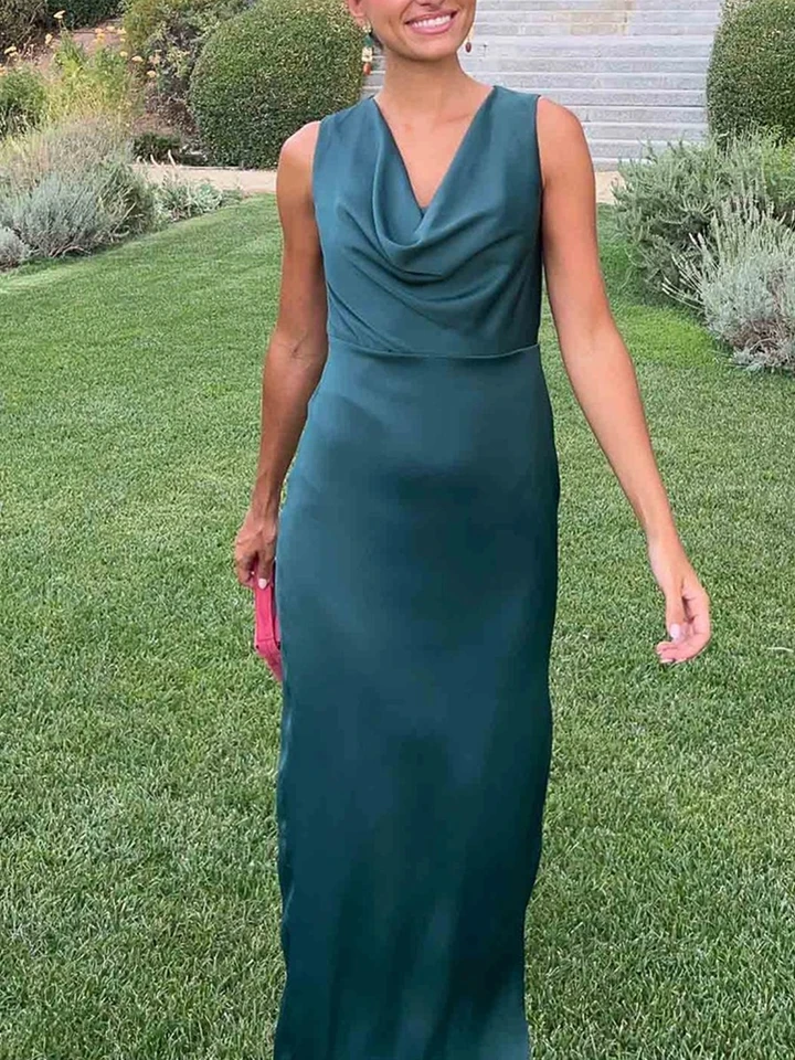 

Elegant Lady High Waist Hollow Out Evening Dress Sexy Swinging Collar Satin Spliced Dress Summer Sleeveless Slim Wrap Hips Dress