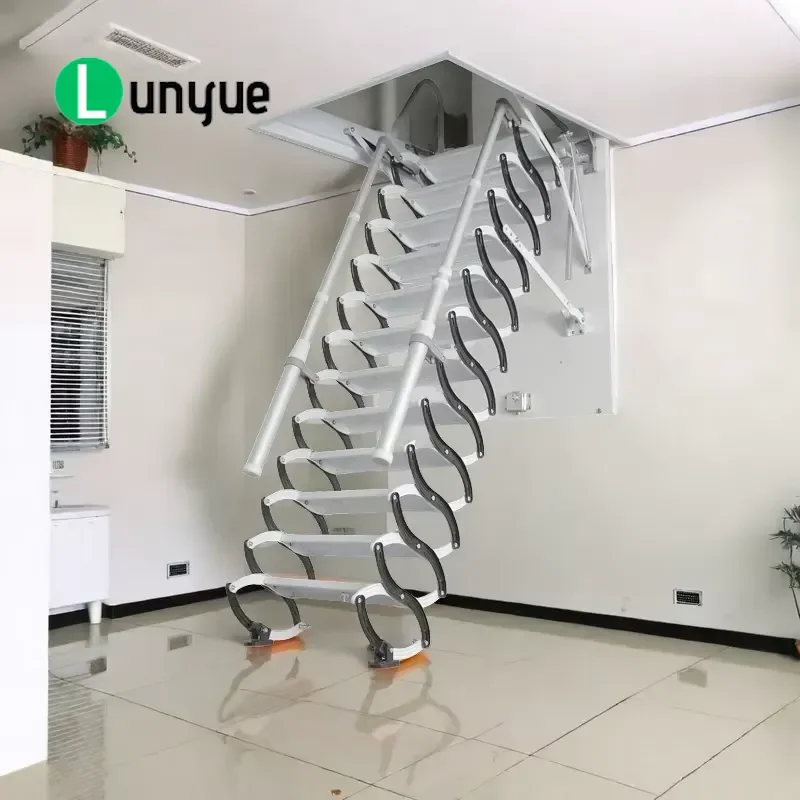 24V Automatic Folding Telescopic Loft Ladder Carbon Steel Titanium Magnesium Alloy 2 Level Indoor Modern Staircase for Home