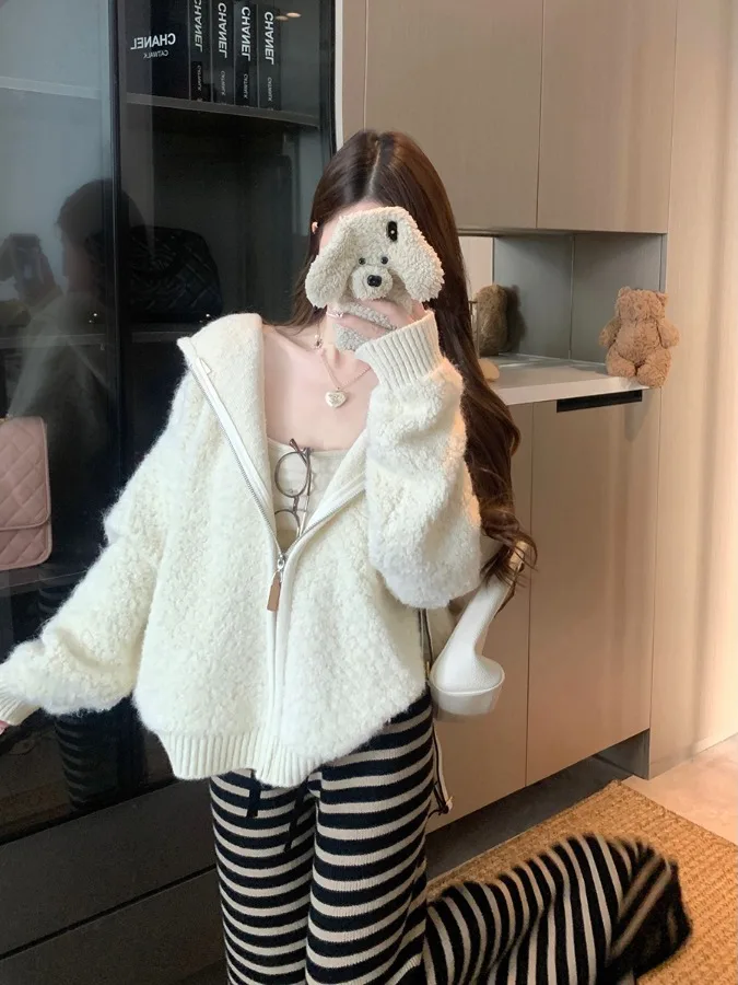 

plus Size Women's Thiened Bright Color Hoodie Sweater Coat Loose Fit Autumn Winter New Sle Casual Comfortable Open Cardig...