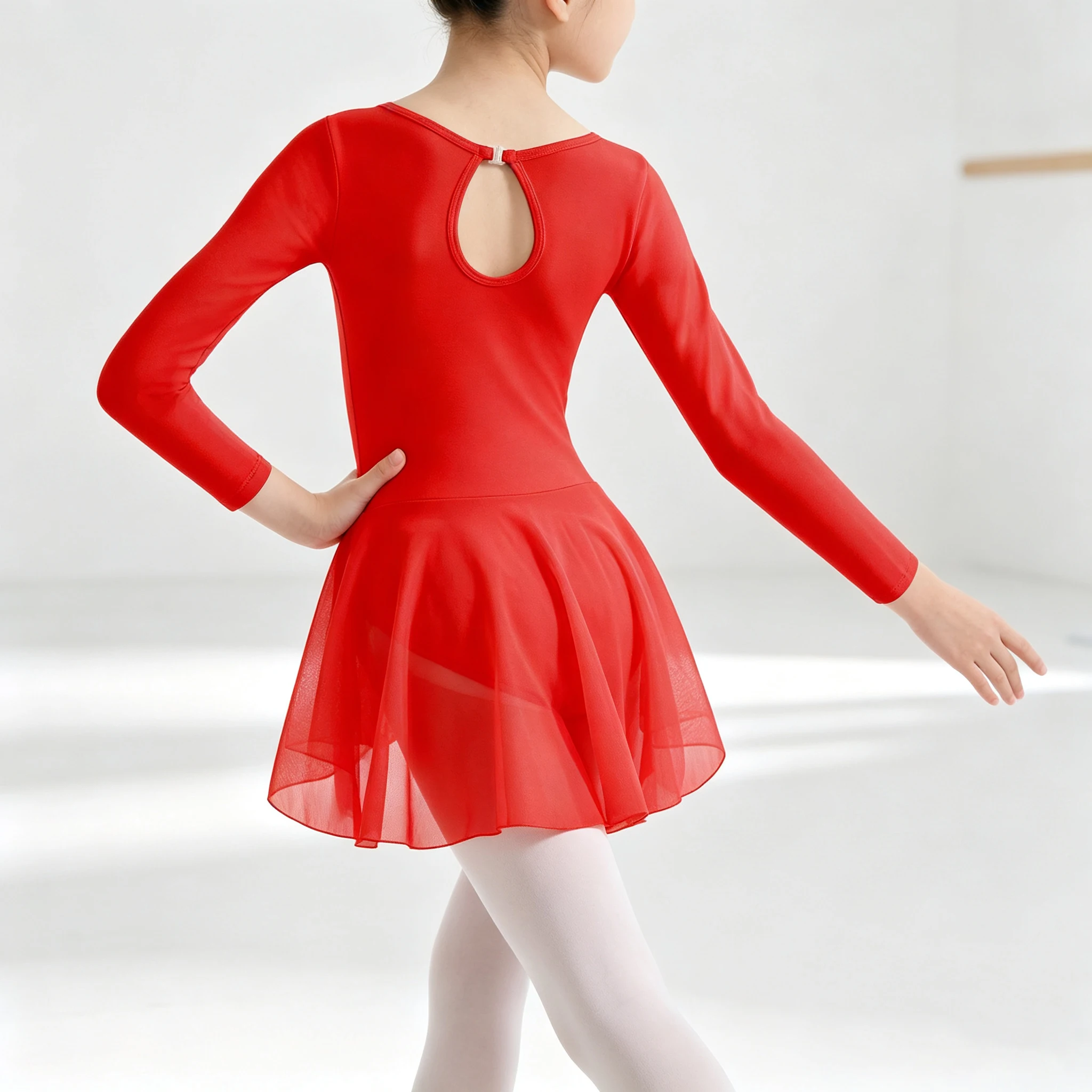 Maillot de Ballet Rojo para Niñas con Mangas con Volantes y Falda de Malla Asimétrica, Espalda Hueca en Forma de Gota de Agua